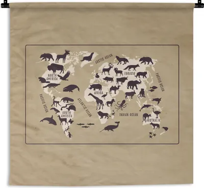 Produktbild von MuchoWow® Wandteppich Wandbehang Weltkarte Kinder - Tiere - Braun 150x150 cm Tapisserie Dekoration Wandtuch - Wohnaccessoires - Modernes
