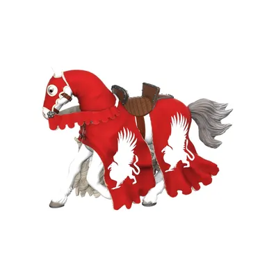 A white horse adorned with a red cape featuring a white griffin emblem, and a brown saddle.