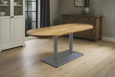 Produktbild von Bistrotisch Emilian | 140 x 60 cm | Akazienholz massiv | Farbe: Natur | ovale Form | silbernes Doppel-Säulengestell aus Metall