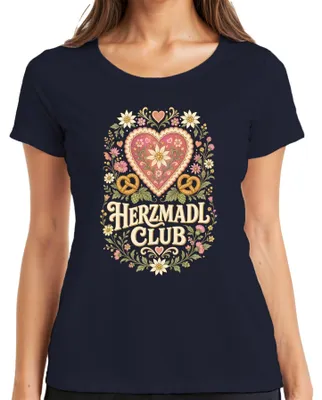 Productafbeelding van Herzmadl Club Edelweiss Brezel Herz Lederhose Dirndl Dames T-shirt, Marineblauw, 3XL