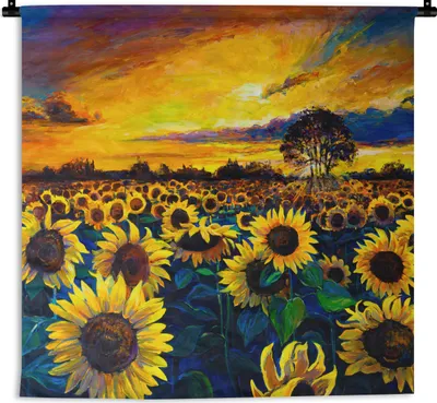 Produktbild von MuchoWow® Wandteppich Wandbehang Gemälde - Ölfarbe - Blumen - Sonnenblume 90x90 cm Tapisserie Dekoration Wandtuch - Wandaufhänger