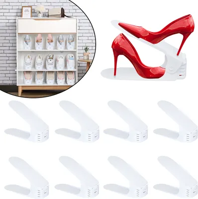 A collage showing a shoe rack with shoes, red high heels on a shoe organizer, and several white shoe organizers.