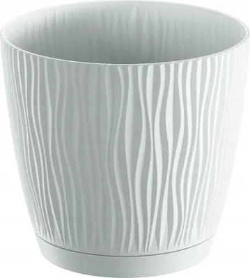 A white textured plant pot with a matching saucer, isolated on a white background.