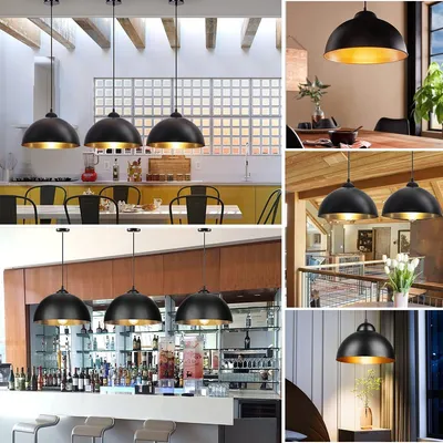 A collage of images showing industrial-style pendant lights in various settings, including a kitchen, dining area, bar, and interior spaces.