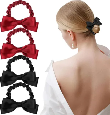 Produktbild von Schleifen Scrunchies für Frauen - Set von 4: süße Schleifen Haarbänder in Schwarz und Rot