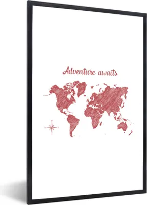 Produktbild von MuchoWow® Gerahmtes Poster Weltkarte - Abenteuer - Kompass 60x90 cm - Poster mit Schwarzem Bilderrahmen Wandposter Rahmen Foto Bilder - Kunst