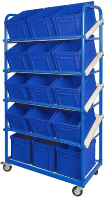 Produktbild von Schrägboden-Regalwagen mit 5 Ebenen, 4 Lenkrollen, bestückt mit 15 Euroboxen 400x300x235 mm blau