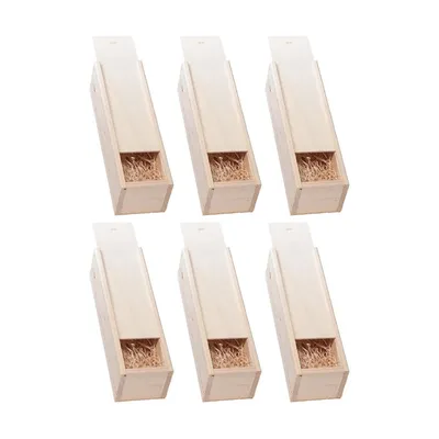 Produktbild von Set aus 6 Holzweinkisten –  Geschenkverpackungen für Weinflaschen – Inklusive Holzwolle und Schiebedeckel – Braun