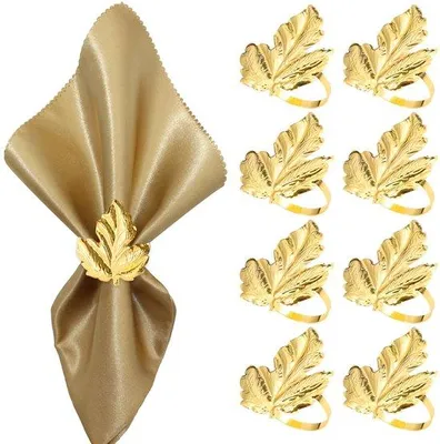 Productafbeelding van Ibenzoa® 8-delige set gouden servetringen met bladmotief – handgemaakt en verstelbaar, gemaakt van hoogwaardig verzinkt metaal voor een elegante tafeldecoratie