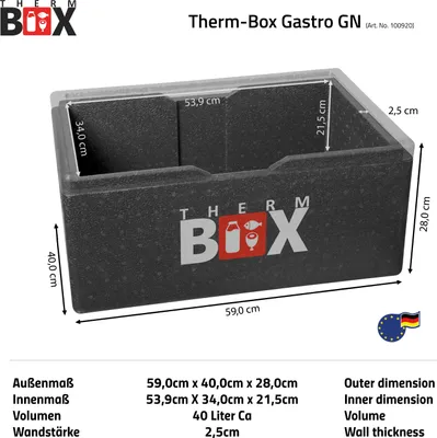 Zdjęcie produktu dla THERM BOX Pudełko styropianowe GN 40L Pudełko izolowane Pudełko termiczne Pudełko utrzymujące ciepło Pudełko chłodzące Pojemnik termiczny Wewnątrz: 53,9x34x21,5cm Wielokrotnego użytku