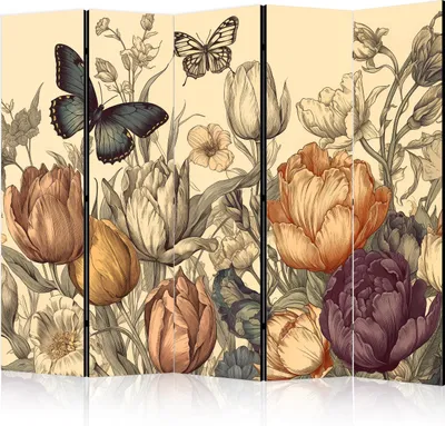 Produktbild von 5-teiliger Doppelseitiger Vlies Paravent - Tulips in Cream - Illustration of Flowers and Butterflies on a Light Background 225x172 cm b-H-10033-z-b