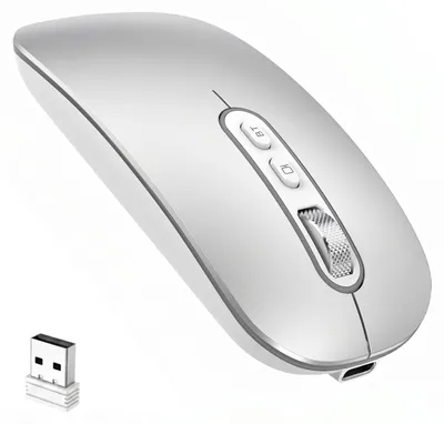 Productafbeelding van Bluetooth muis, draadloos, Bluetooth+, oplaadbaar, ergonomische muis, stille draadloze muis voor laptop, MacBook, computer, desktop, draagbaar, zilver, slank, dual