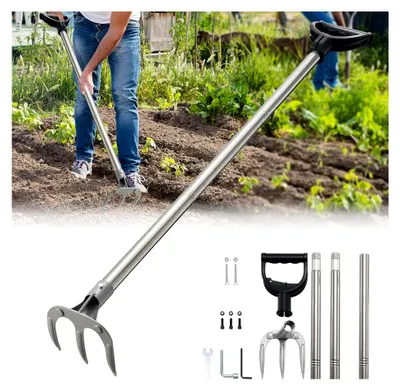 Produktbild von Gartenharke mit 3 Zinken und 110 cm langem, verstellbarem Stiel - Robuste Hacke zum Jäten und Auflockern für Garten, Rasen und Außenbereich