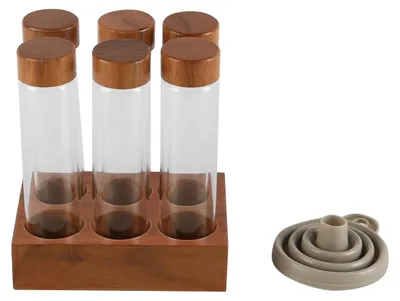 6 Kaffee-Aufbewahrungsröhren aus Glas mit Holzständer & Trichter