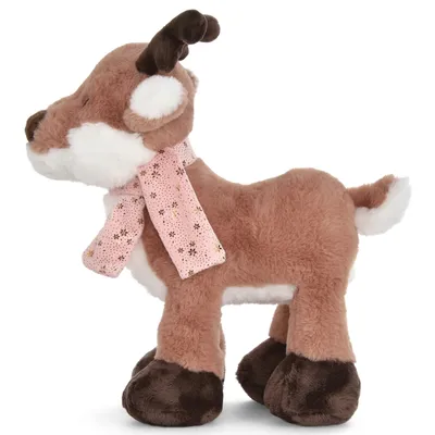 A plush toy reindeer standing on a white background.