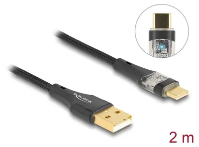 Produktbild von DeLOCK USB 2.0 Kabel Typ-A Stecker zu USB Type-C Stecker mit Schnellladefunktion 60 W transparent 2 m, 2 m, USB A, USB C, USB 2.0, 0,48 Gbit/s, Schwarz
