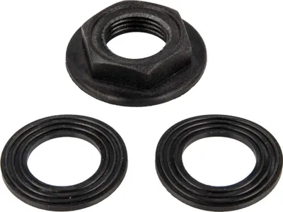 A black nut and two black washers are arranged on a white background.
