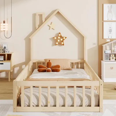 Produktbild von Kinderbett mit Schornsteinform und Lattenrost (ohne Matratze) Hausbett Jugendett 90 x 200 cm Natur