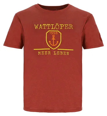 Produktbild von Wattlöper Herren T-Shirt mit Front-Stickerei Anker-Wappen und Meer leben - Kurzarm-Shirt mit Rundhalsausschnitt in Rotbraun Größe 4XL