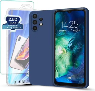 Produktbild von Hülle für Samsung Galaxy A32 5G mit 9H Displayglas Displayschutz Plus Case Cover Bumper Silikon Softgrip Schutzhülle Farbe: Blau