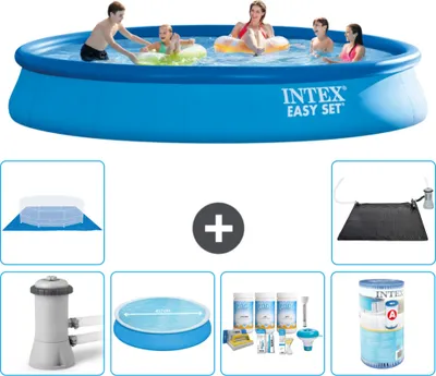 Produktbild von Intex runder aufblasbarer Easy Set-Schwimmpool – 457 x 84 cm – Blau – inklusive Pumpe Sonnensegel - Wartungspaket - Filter - Bodenplane - Solarmatte