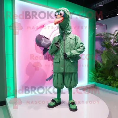 Produktbild von Waldgrüner REDBROKOLY Flamingo Maskottchen Kostüm charakter gekleidet mit Parka und Armbändern
