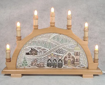 Produktbild von Original Erzgebirgischer Holz-Schwibbogen mit Plauener Spitze - Kirche & Kurrende