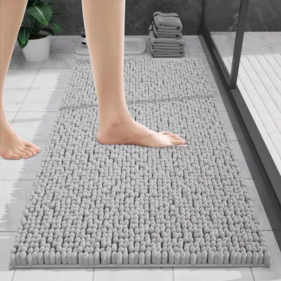 Image de Tapis de bain en chenille, antidérapant, lavable, doux et absorbant, pour la salle de bain et les toilettes – 40 x 60 cm, gris clair