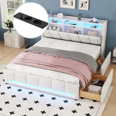 Productafbeelding van AIORBER gestoffeerd bed, 160x200 cm, met LED-verlichting en USB-aansluiting, bedframe met lades, geïntegreerde opbergruimte, stevig linnen en MDF, beige