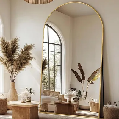 Productafbeelding van Spiegel voor het hele lichaam, staande spiegel in volle lengte, wandspiegel met frame van aluminiumlegering en veiligheidsglas. Gebogen vloerspiegel voor woonkamer of kleedkamer