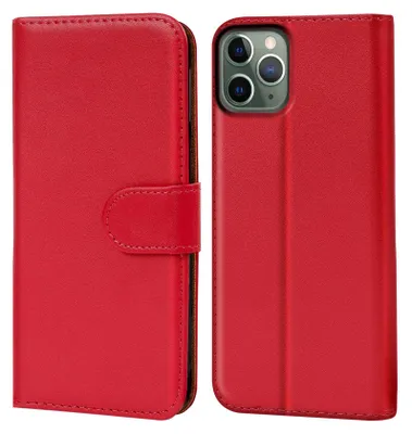 A red flip case for a smartphone is shown, with the phone inside on the right side.