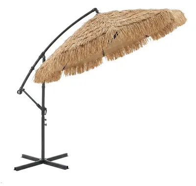 Produktbild von KOMFOTTEU Hawaii Strohschirm, knickbarer Ampelschirm mit Metallgestell, Kurbel, Kreuzfuß & 8-Speichen, wetterfest Gartenschirm für Strand, Pool & Terrasse,291 x 247 cm