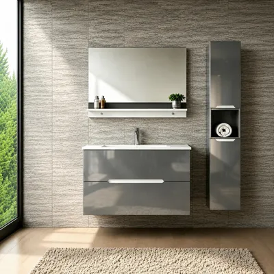 Produktbild von Faizee Home Badmöbelset Aliyah 90 cm Hochglanz Grau Weiß inkl. Waschbecken, Spiegel & Regal