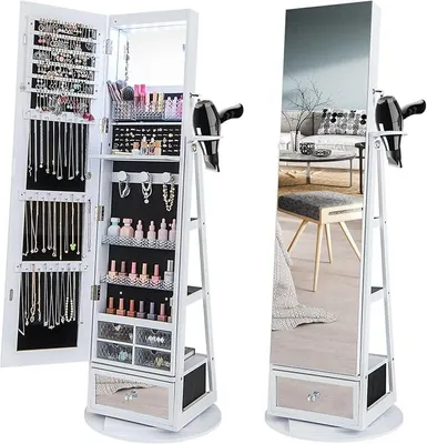 Imagen del producto de Espejo giratorio de 360°, armario de 4 en 1 con espejo, luces LED, cajones y estantes. Ideal para guardar joyas. Incluye espejo de cuerpo entero y soporte para joyas, con cerradura. (Blanco)