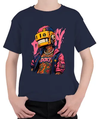 Produktbild von Doky Cyberpunk Roboter Maske Tattoo Drache Urban Japan Y2K Retro Kinder T-Shirt, Navy, 104