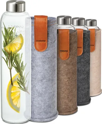 Produktbild von Cosumy Trinkflasche aus Glas mit Filzbeutel 750ml - Spülmaschinenfest - Auslaufsicher - BPA-Frei - für Kohlensäure Geeignet -(Grau)