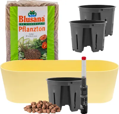Produktbild von Leni Flori Jardiniere Blumentopf länglich 36 cm lemon / gelb Hydrokultur-Komplett-Set mit Übertopf Hydro-Töpfen Wasserstandsanzeiger & Pflanzton
