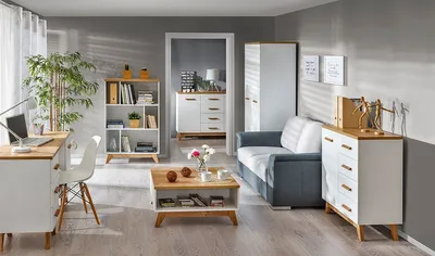Produktbild von Wohnzimmer-Einrichtung Wohnzimmer Komplett - Set A Panduros, 6-teilig, Farbe: Kiefer Weiß / Eiche Braun