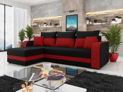 A modern living room featuring a black and red sectional sofa.