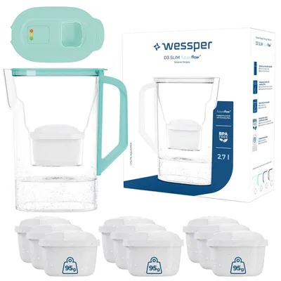Obrázok produktu pre Karafka na filtráciu vody Wessper D3 SLIM FutureFlow™ s objemom 2,7 litra, farba mintová, s indikátorom výmeny filtra a 10 kusmi náhradných filtrov
