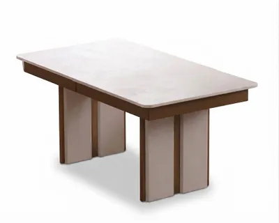 Image de Table moderne extensible, table avec pieds en colonne, table de cuisine, bois beige
