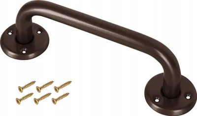 A brown grab bar with mounting plates and screws on a white background.