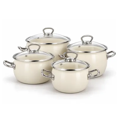 Produktbild von Kuketo | Emaille Kochtopf Set 8-teilig Creme Mit Deckeln – Induktionsgeeignet, Robust & Hygienisch – Für Suppen, Pasta, Eintöpfe & Familienküche