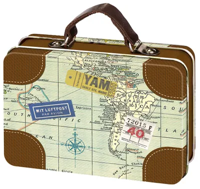 A miniature suitcase decorated with a world map and travel stickers.