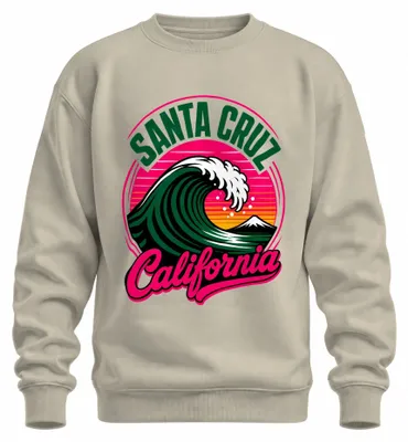 Imagen del producto de Sudadera con cuello redondo, estilo retro, con motivos de olas de Santa Cruz, California, atardecer y surf. Color: natural. Talla: M