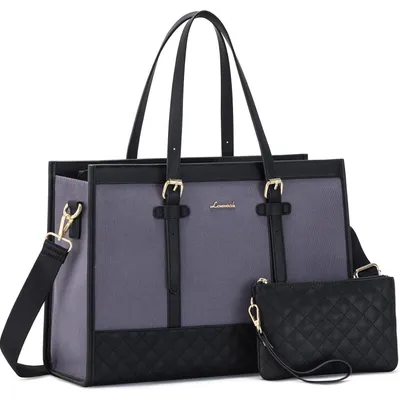 Produktbild von Handtasche Damen Leder Canvas Laptoptasche 15,6 Zoll Aktentasche Grau Schwarz
