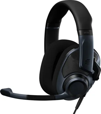A studio shot of a black and dark gray EPOS H6Pro gaming headset with a microphone.