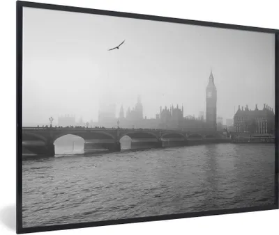 Produktbild von MuchoWow® Gerahmtes Poster Schwarz-Weiß-Bild von Big Ben in London 30x20 cm - Poster mit Schwarzem Bilderrahmen Wandposter Rahmen Foto Bilder - Kunstdruck - Bild-Poster