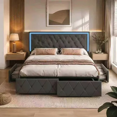 Image de Lit tapissée INONEFT, 160x200 cm, lit pour adolescents avec éclairage LED, lit double avec repose-tête réglable en hauteur et 4 tiroirs de rangement, couleur gris PU