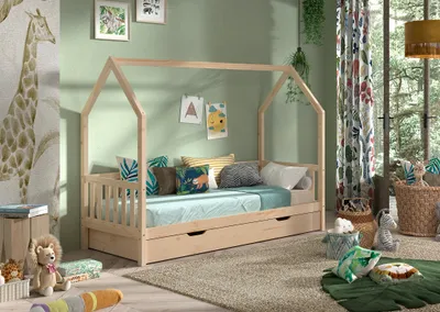 Produktbild von VIPACK - CABANE Hausbett 90x200 cm, seitlicher Umrandung, Bettschublade, Kiefer massiv natur